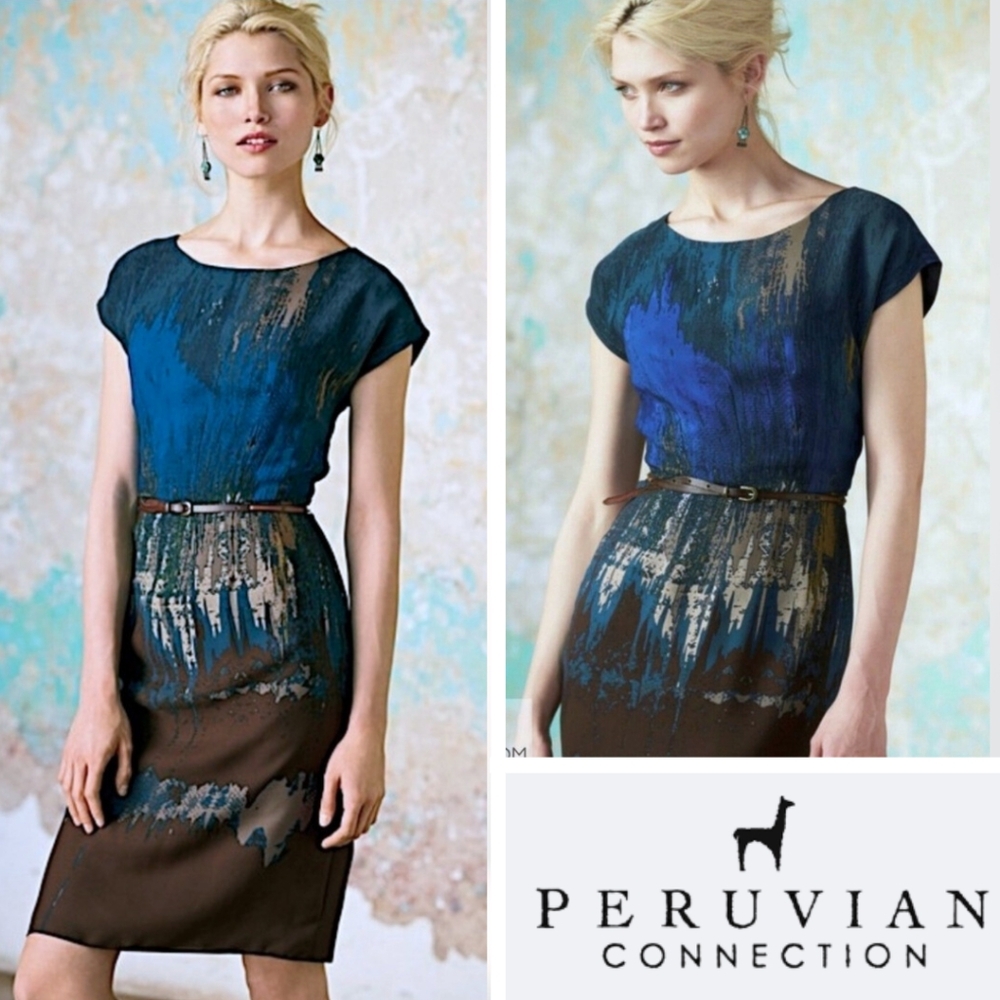 Peruvian Connection Silk Mirage Sheath Midi Dress Blue/Brown Short Sleeves Sz 6